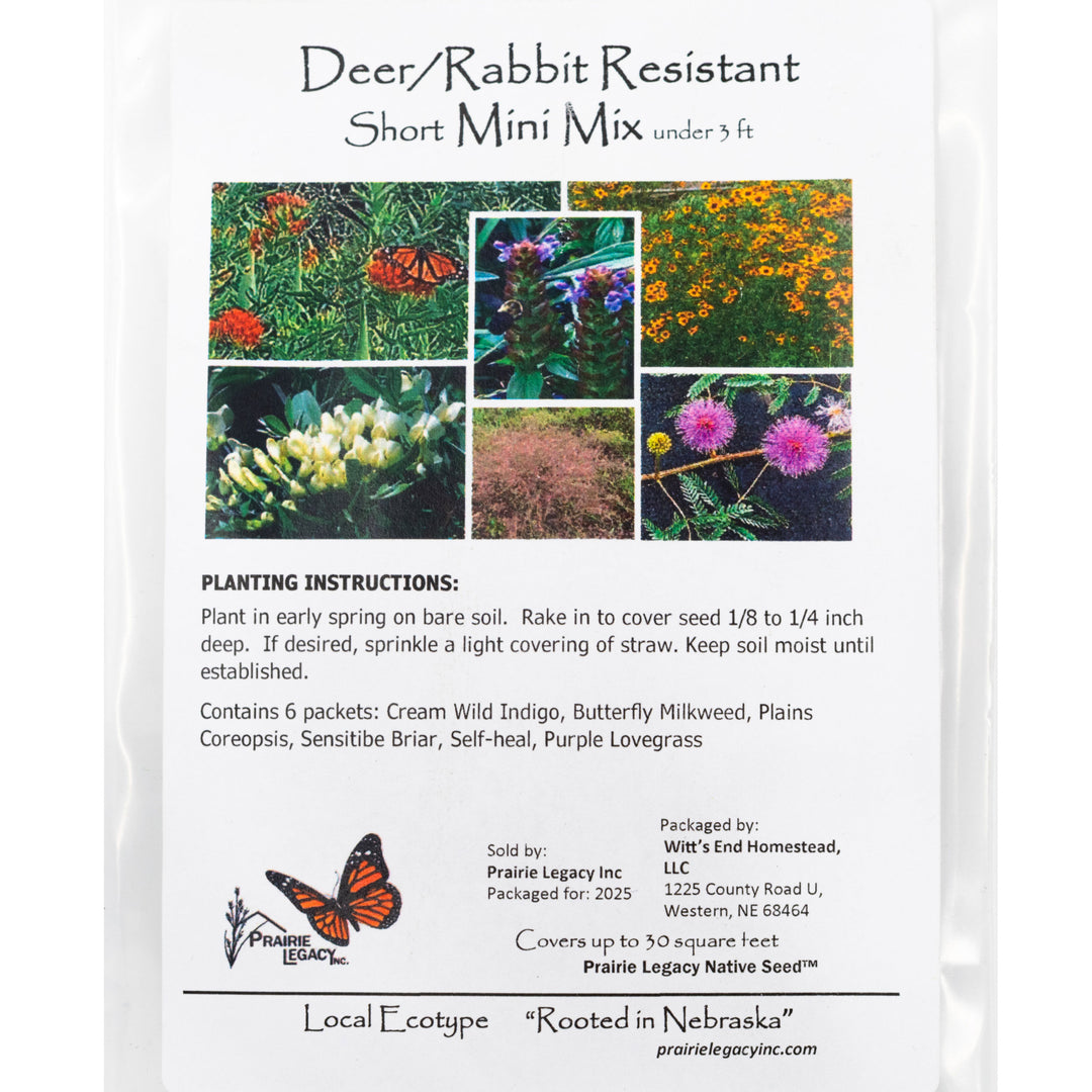 Prairie Legacy seed packet for deer/rabbit resistant plants with images of flowers and butterflies.