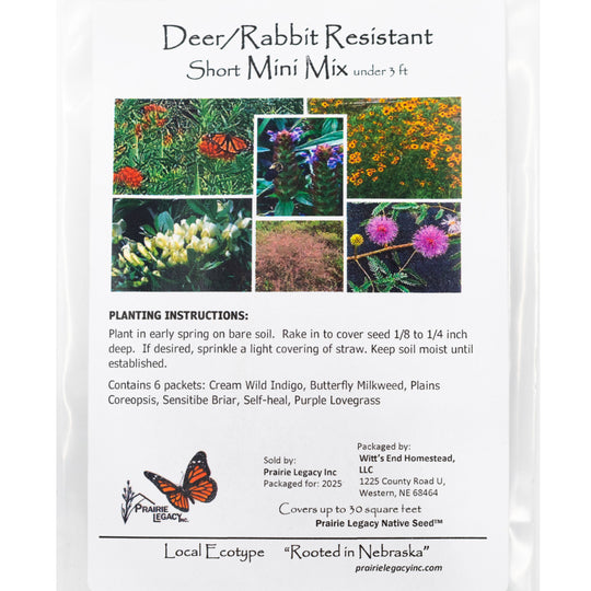 Prairie Legacy seed packet for deer/rabbit resistant plants with images of flowers and butterflies.