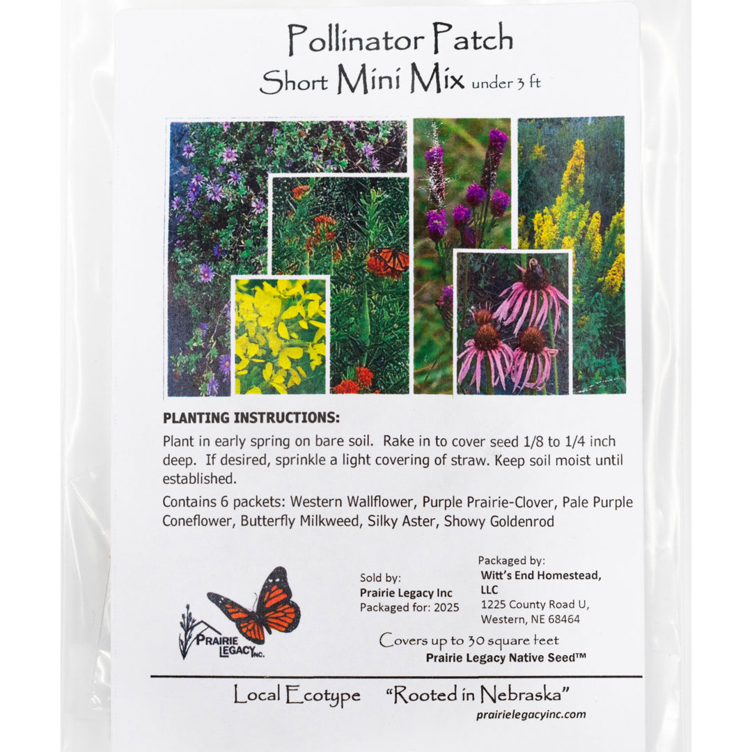 Pollenator Patch seed packet with images of flowers and butterflies on a white background