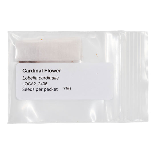 Seeds packet labeled 'Cardinal Flower' with seed count on a white background