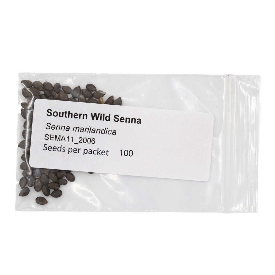 Seed packet labeled 'Southern Wild Senna' with seeds inside on a white background
