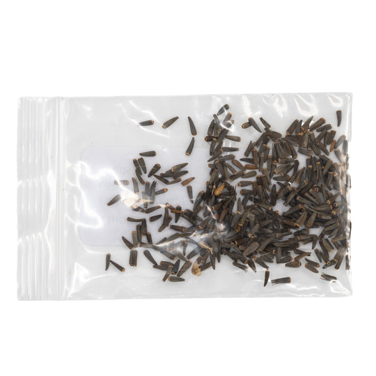 Clear plastic bag filled with small black and brown seeds on a white background