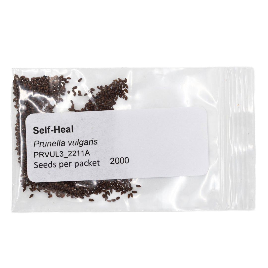 Seed packet labeled 'Self-Heal' with black seeds on a white background