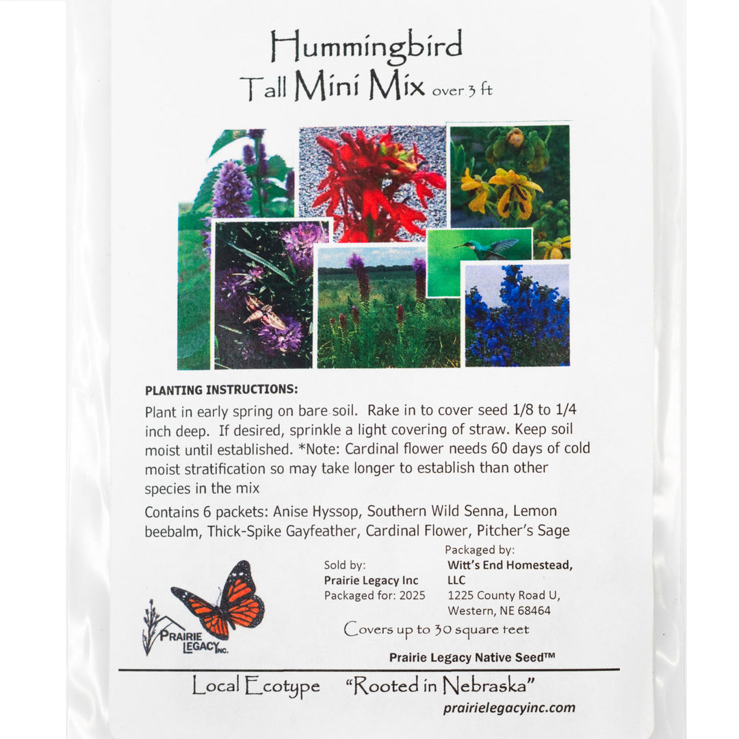 Prairie Legacy Hummingbird Tall Mini Mix seed packet with images of flowers and text.