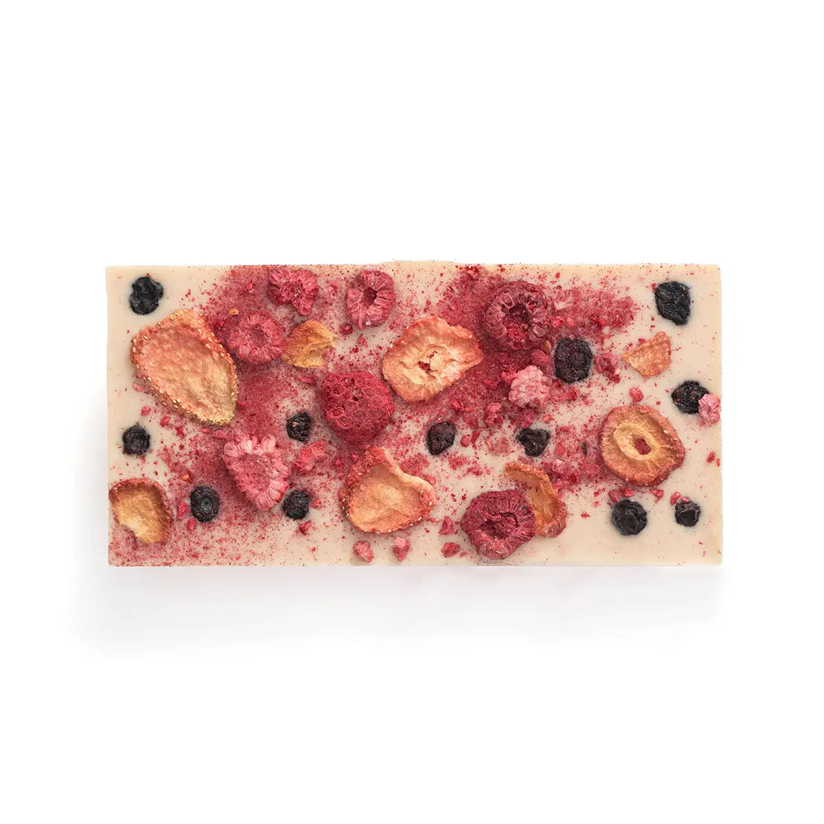 White chocolate bar with mixed berries on a white background