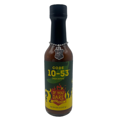 Hot Sauce | Code 10-53 | Man Down | 5.5 oz. | Hot Spice Level | Delicious On Wings, Pizza, Hamburgers, Tacos, and Everything Else | Made in Nebraska | Authentic | Made With Real Ingredients | Adds A Kick To Any Meal