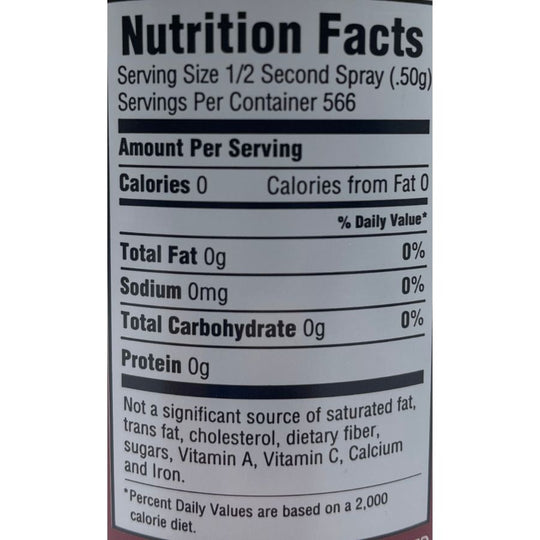 Nutrition Facts Label for Balsamic Vinegar Spray