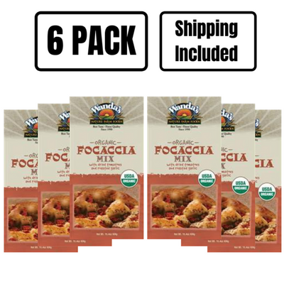 The front of six boxes of Wanda's Organic Focaccia Bread Mix on a white background with 6 pack and shipping included text at top