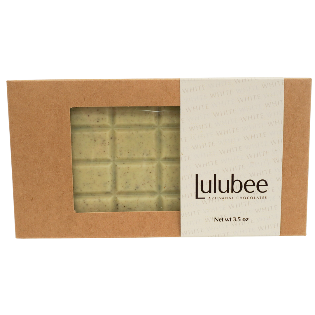 Lulubee chocolate bars in a cardboard box on a white background