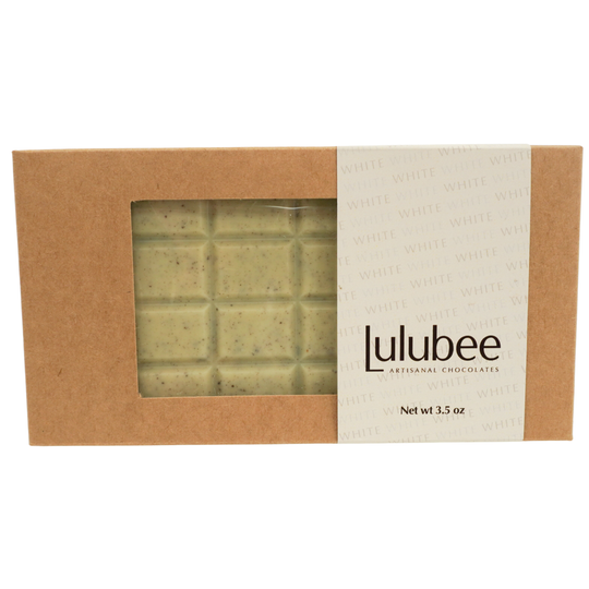 Lulubee chocolate bars in a cardboard box on a white background
