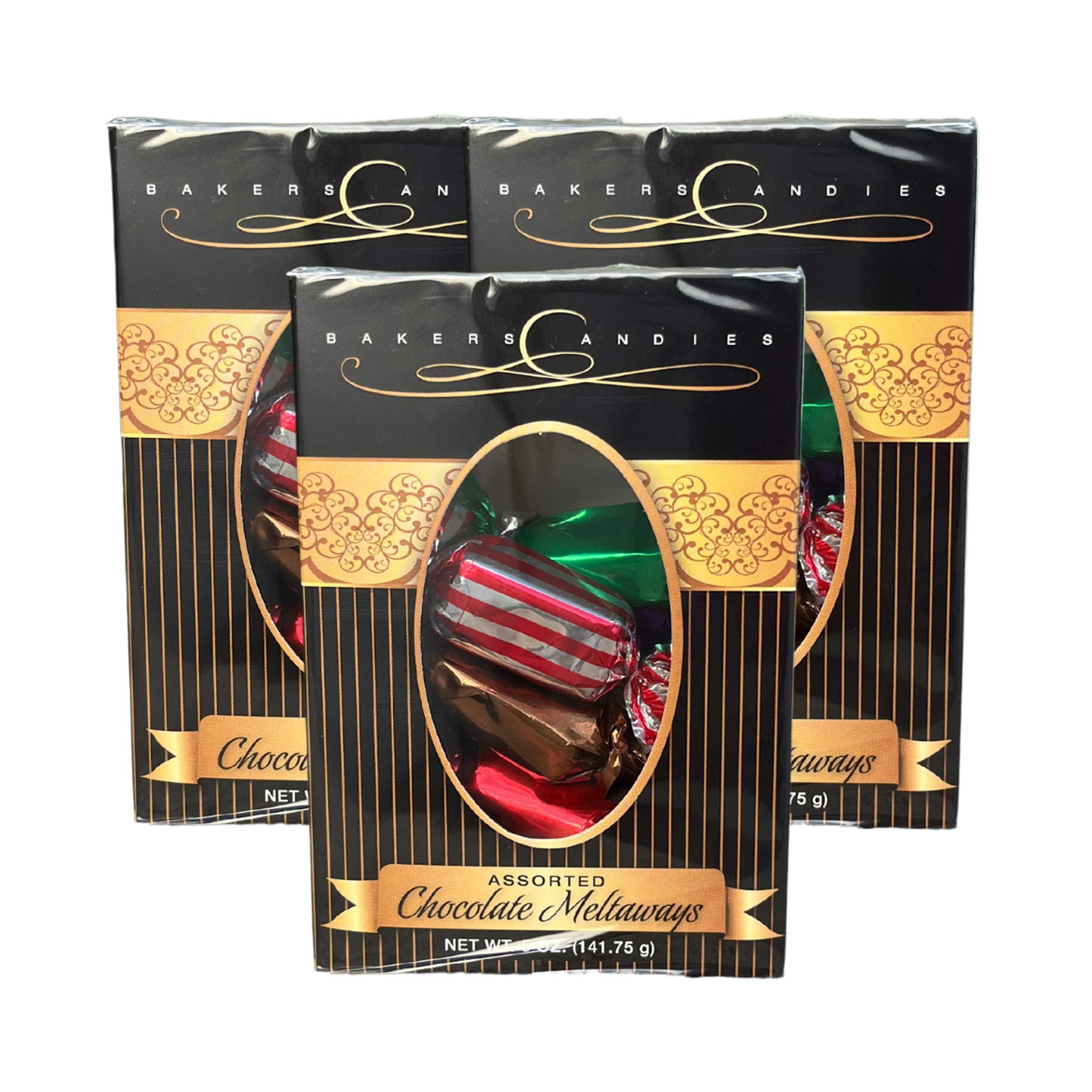 Three packages of Bakers Candies Assorted Chocolate Meltaways on a white background