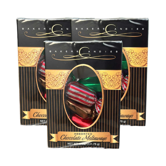 Three packages of Bakers Candies Assorted Chocolate Meltaways on a white background