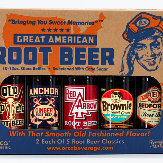 Packaging of Great American Root Beer featuring various root beer brand labels.