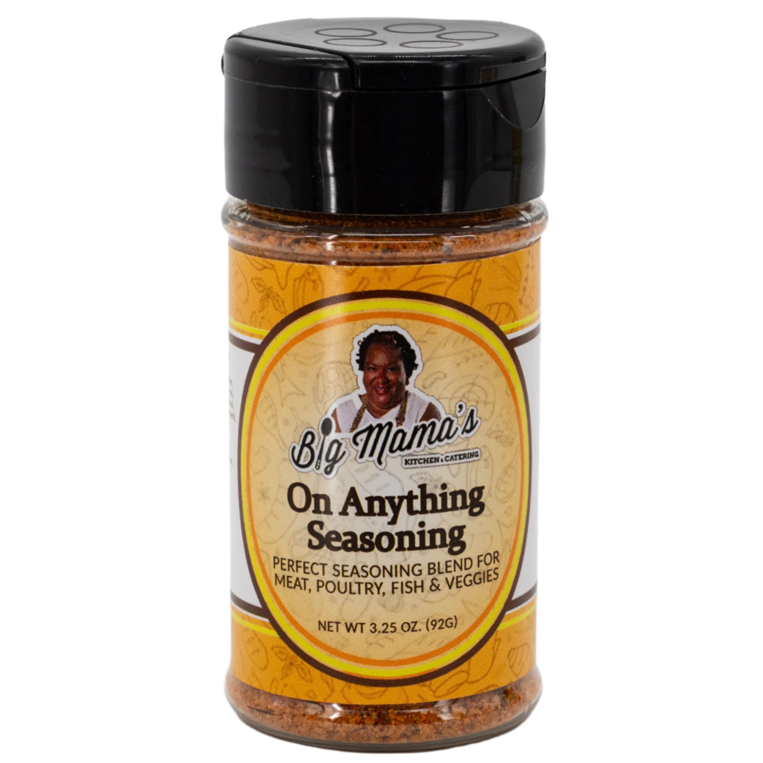 Spice jar labeled 'Big Mama's On Anything Seasoning' on a white background