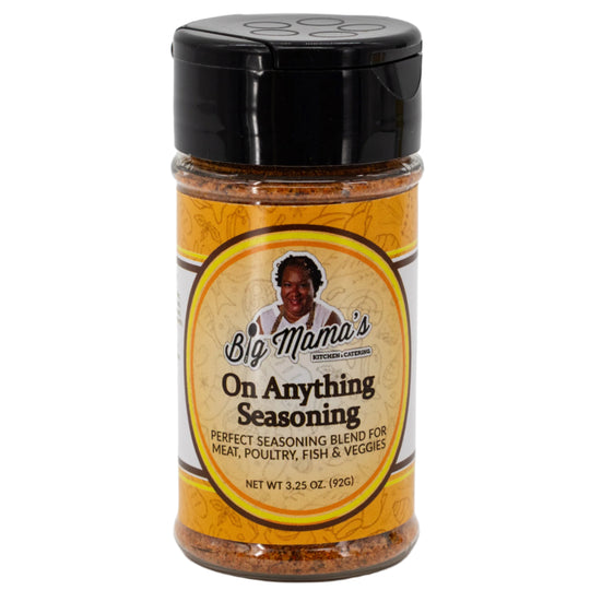 Spice jar labeled 'Big Mama's On Anything Seasoning' on a white background