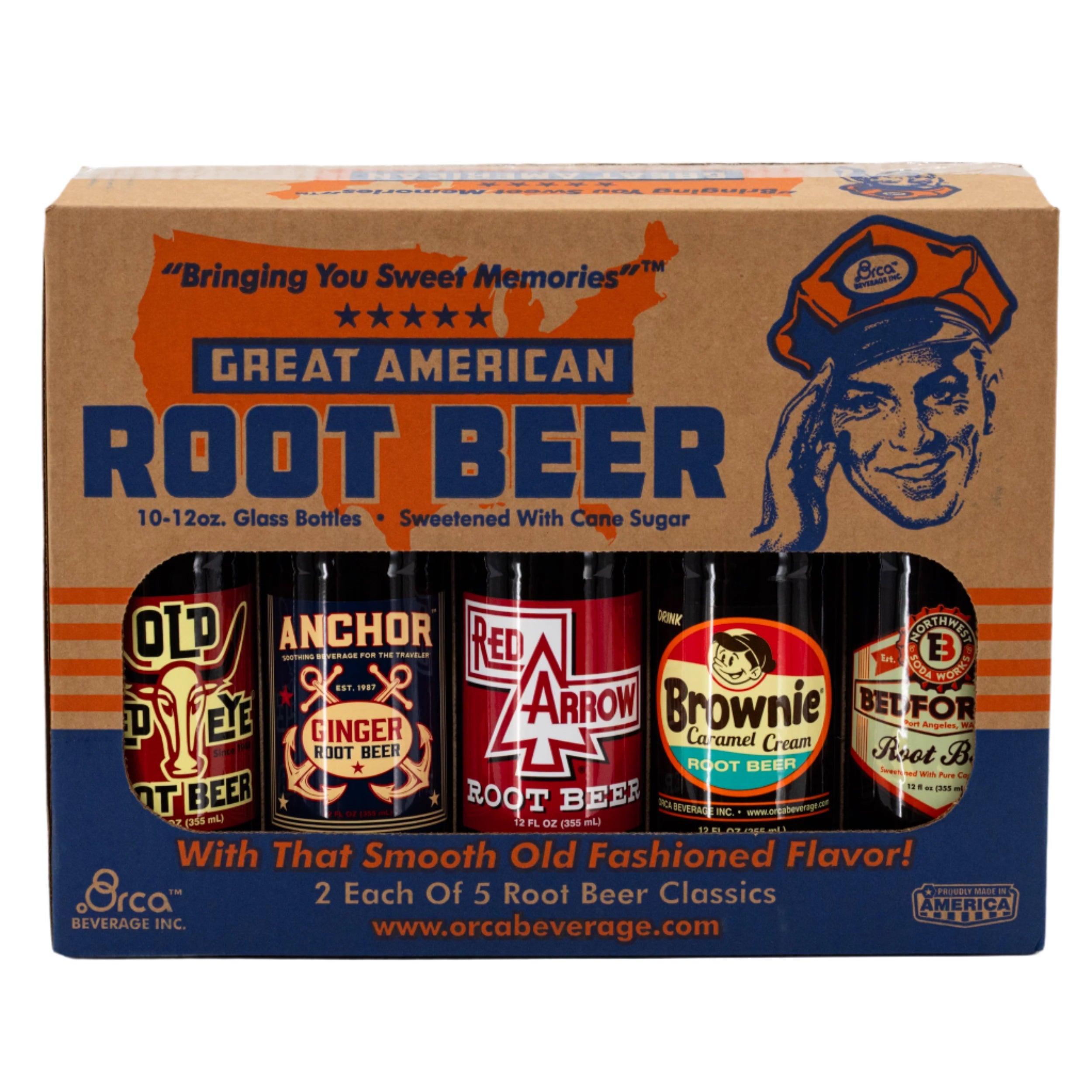 Box of Great American Root Beer featuring images of root beer bottles on a white background