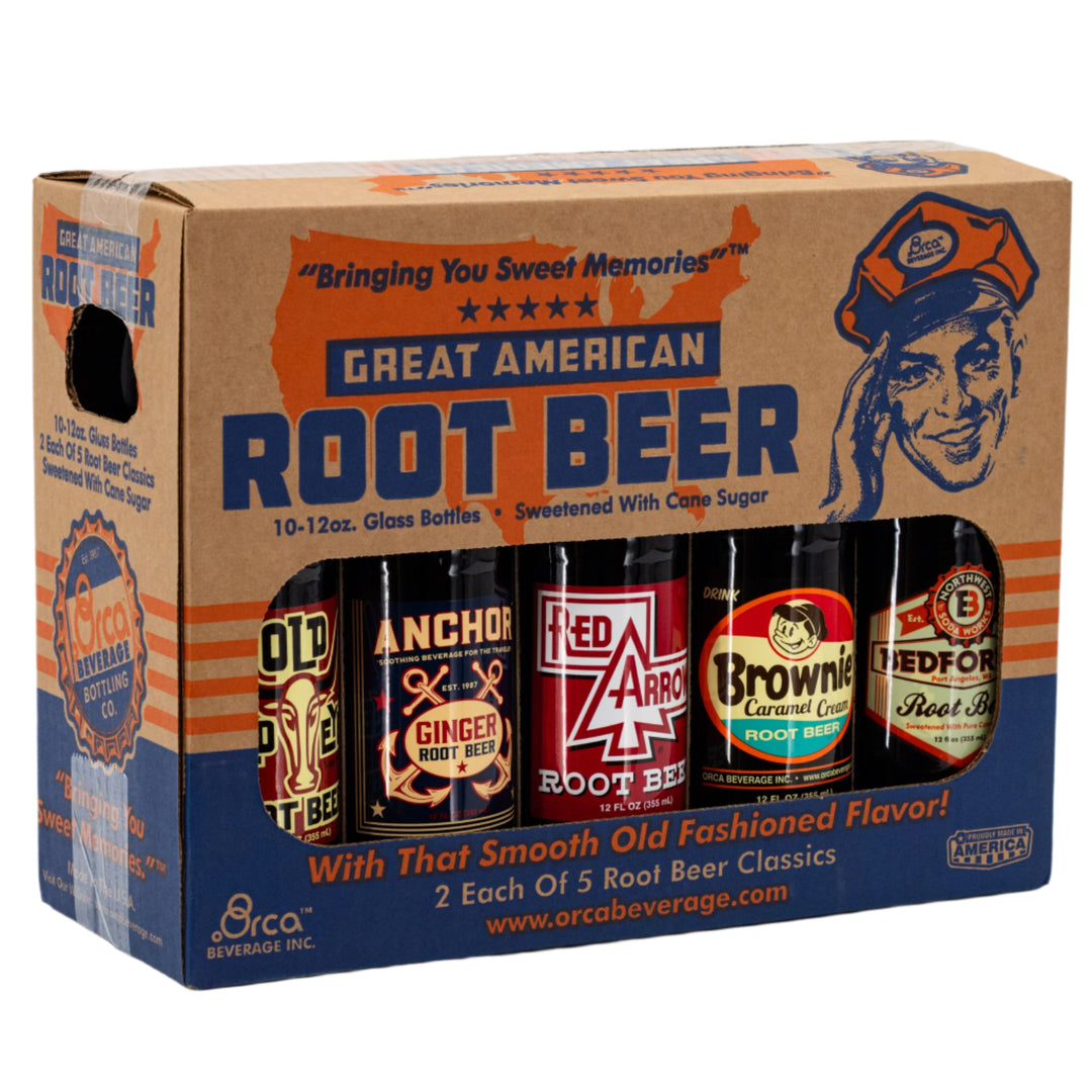 Box of Great American Root Beer featuring six bottles on a white background