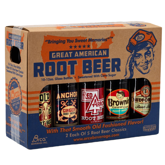 Box of Great American Root Beer featuring six bottles on a white background