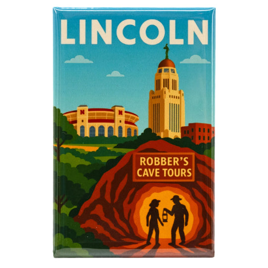 Fridge magnet with Lincoln architecture and 'Robber's Cave Tours' design on a blue background