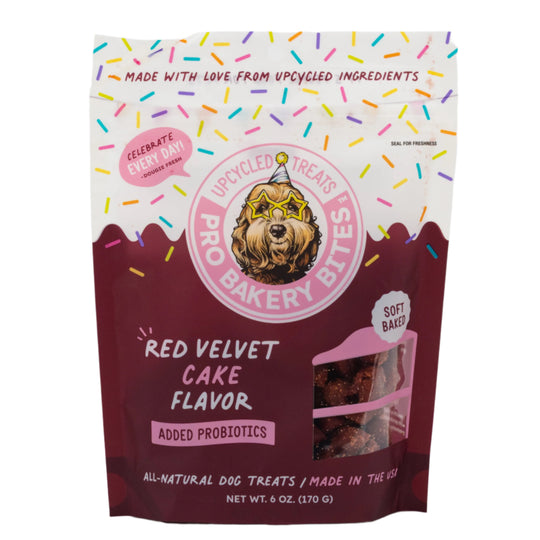 Package of Pro Bakery Bites red velvet cake flavor dog treats on a white background