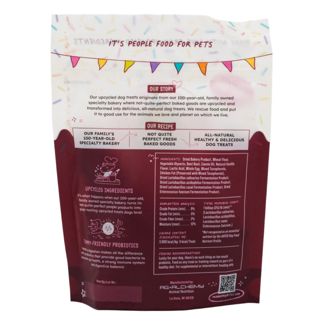 Dog treat package with branding and product information on a white background