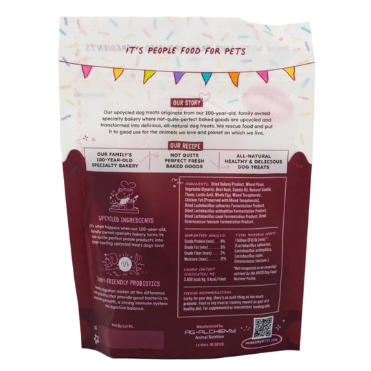 Dog treat package with branding and product information on a white background