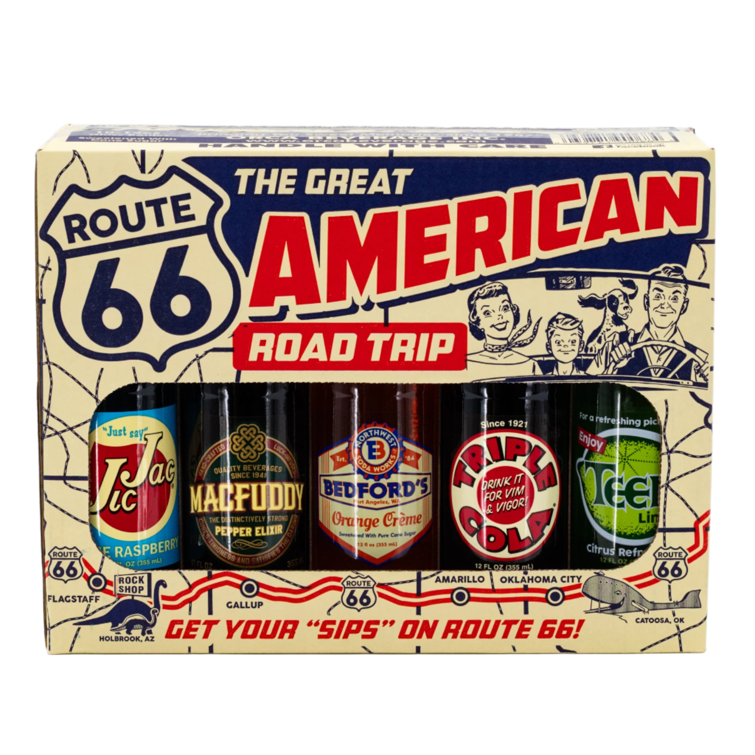 Packaging for 'The Great American Road Trip' featuring six small bottles with colorful labels on a beige background.