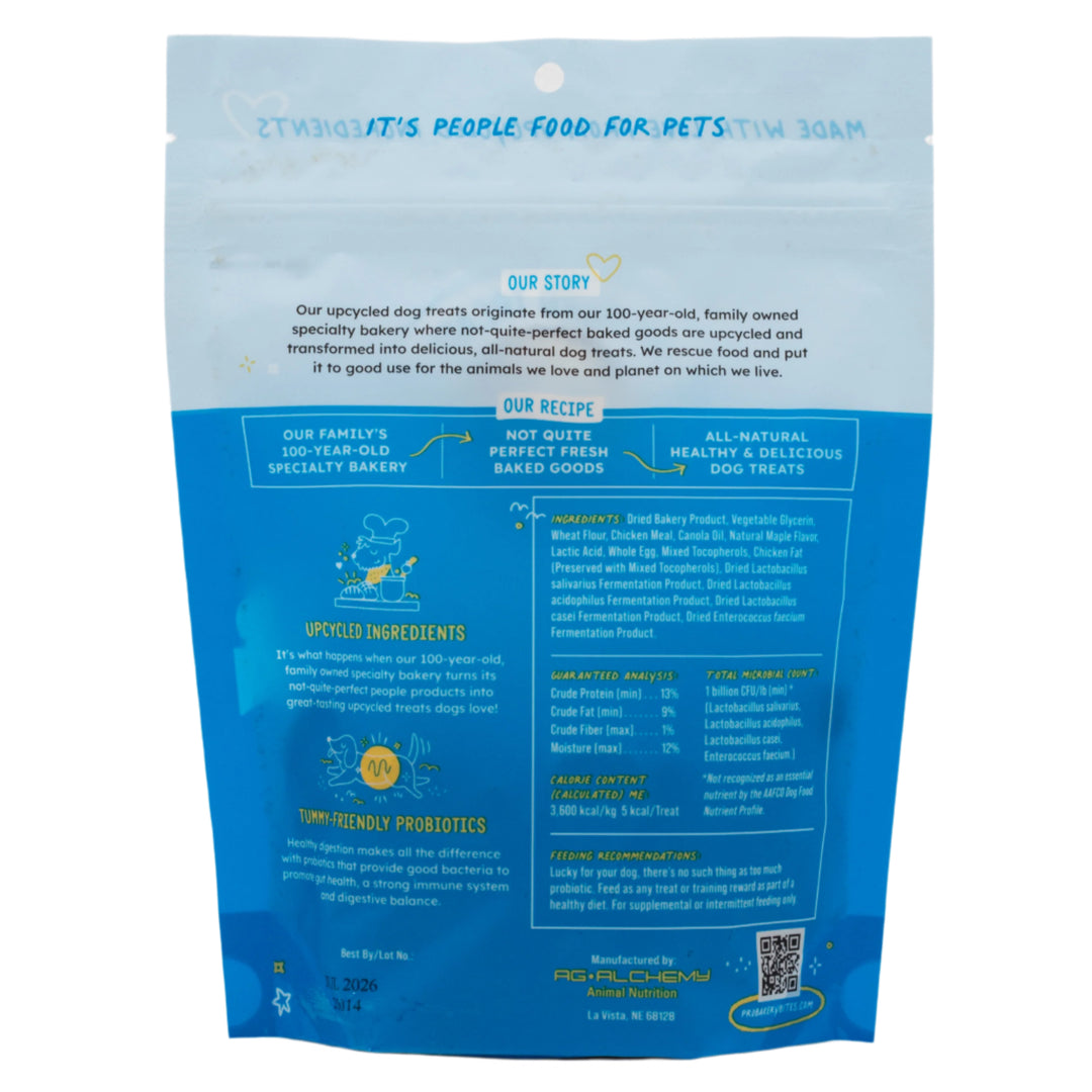 Blue pet food packaging with text and a QR code on a white background