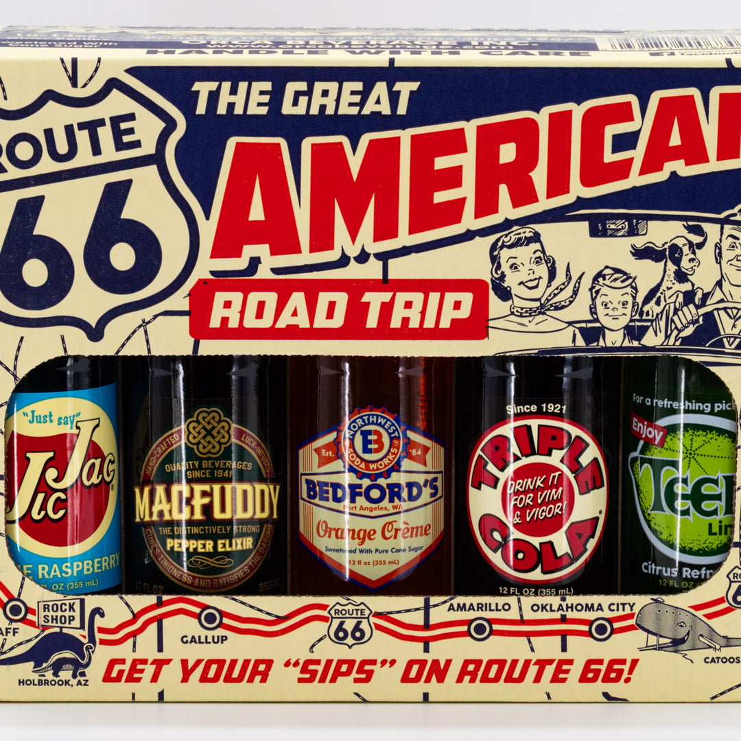 Packaging of vintage-style soft drinks with 'The Great American Road Trip' theme.