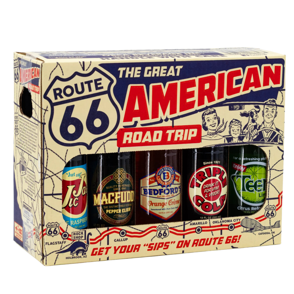 Packaging of 'The Great American Road Trip' featuring various soda bottles with Route 66 design.