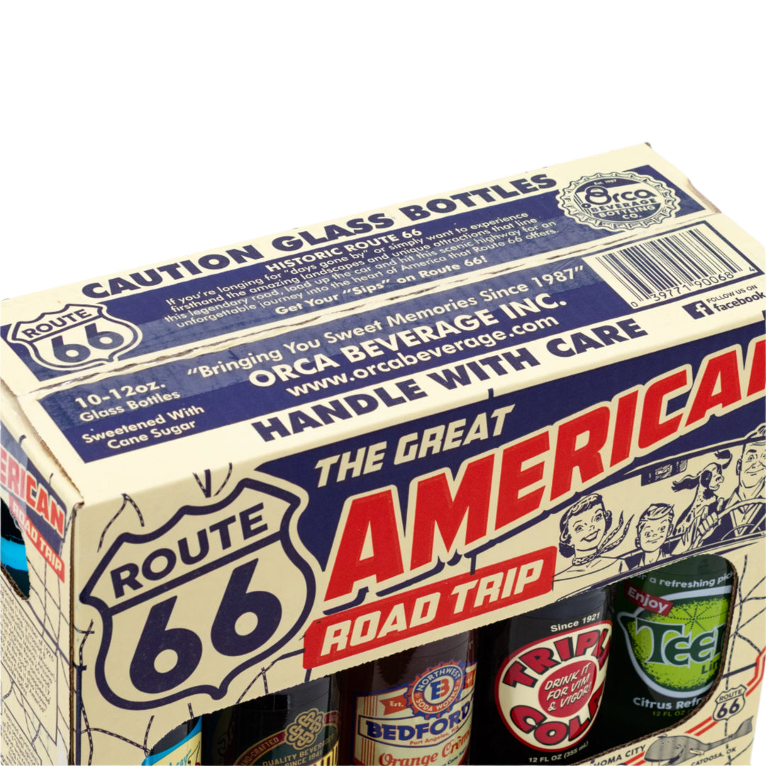 Packaging of vintage-style soda bottles with Route 66 branding on a white background