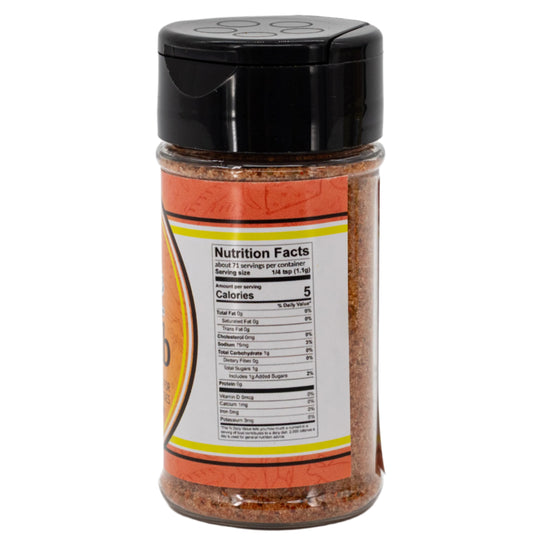 Spice jar with a nutrition facts label on a white background