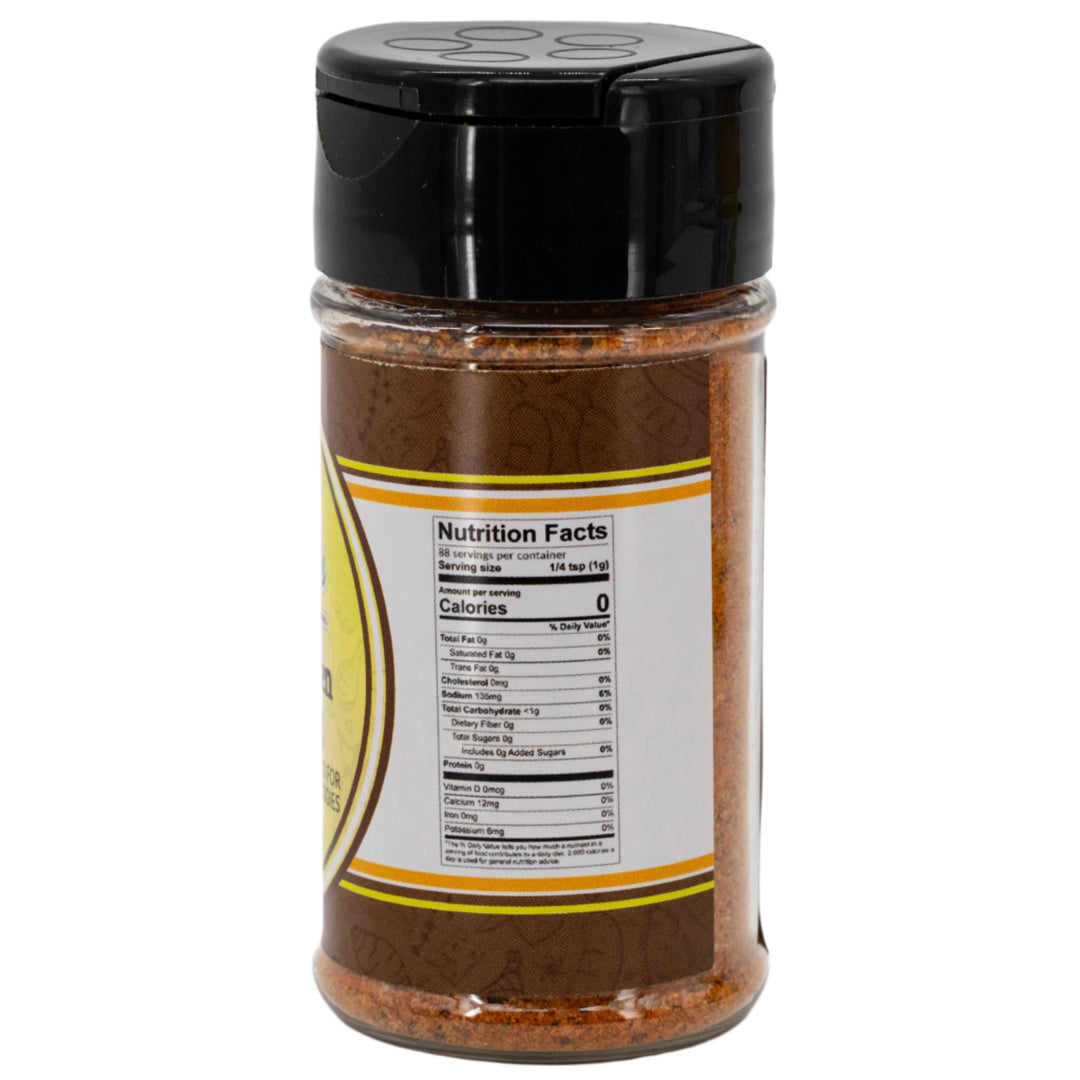 Spice jar with a label showing nutrition facts on a white background