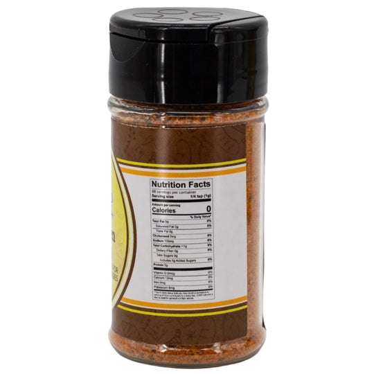 Spice jar with a label showing nutrition facts on a white background