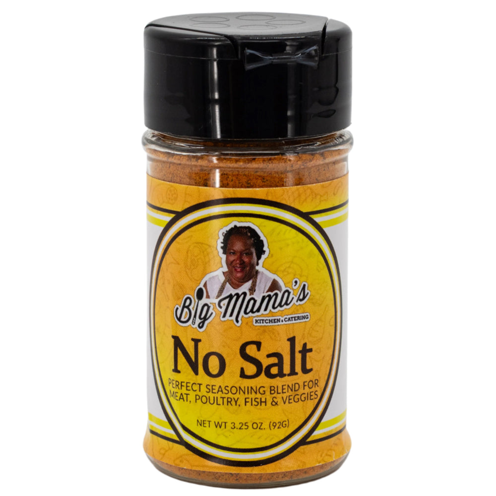 Jar of 'Big Mama's No Salt' seasoning blend on a white background