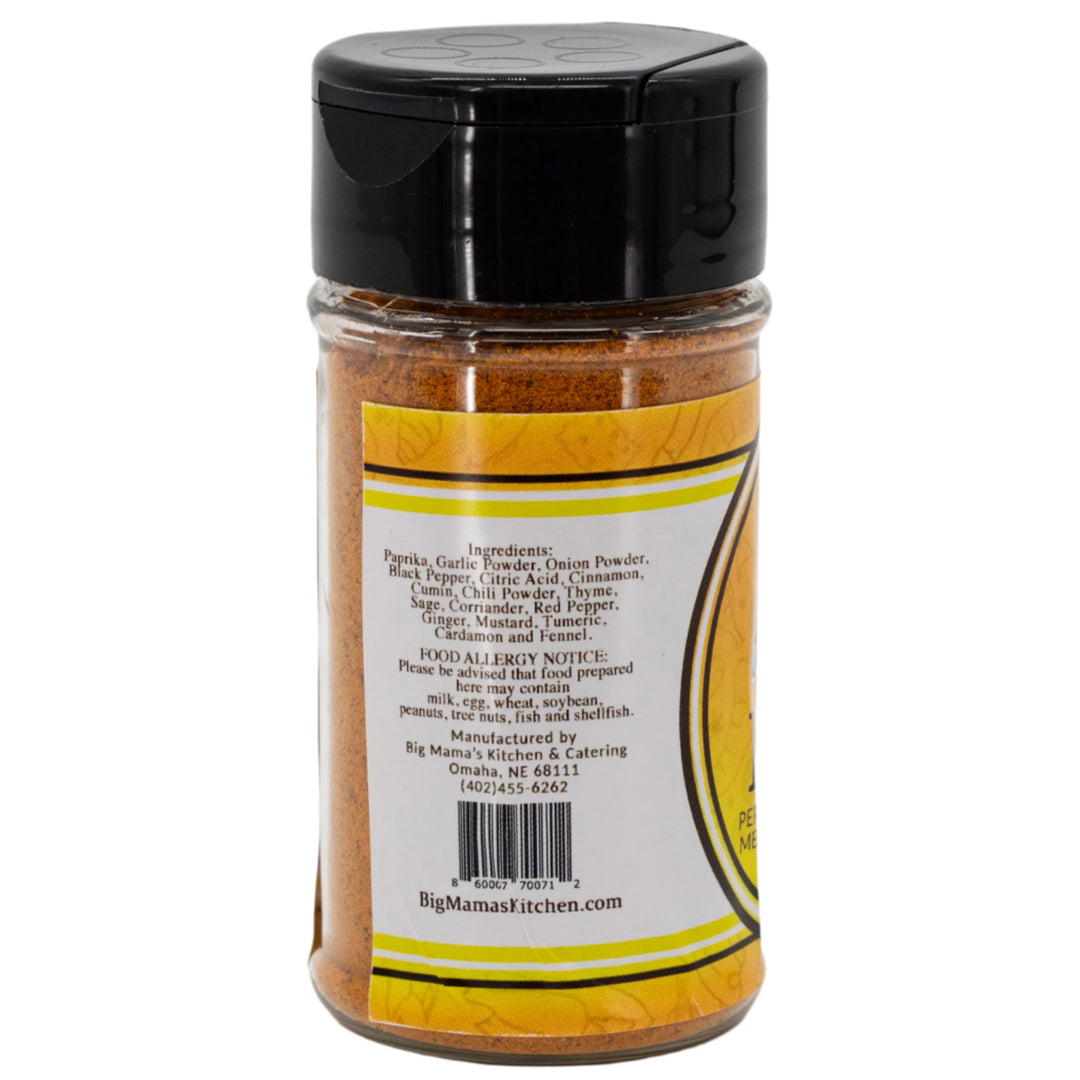 Spice jar with a black lid and yellow label on a white background