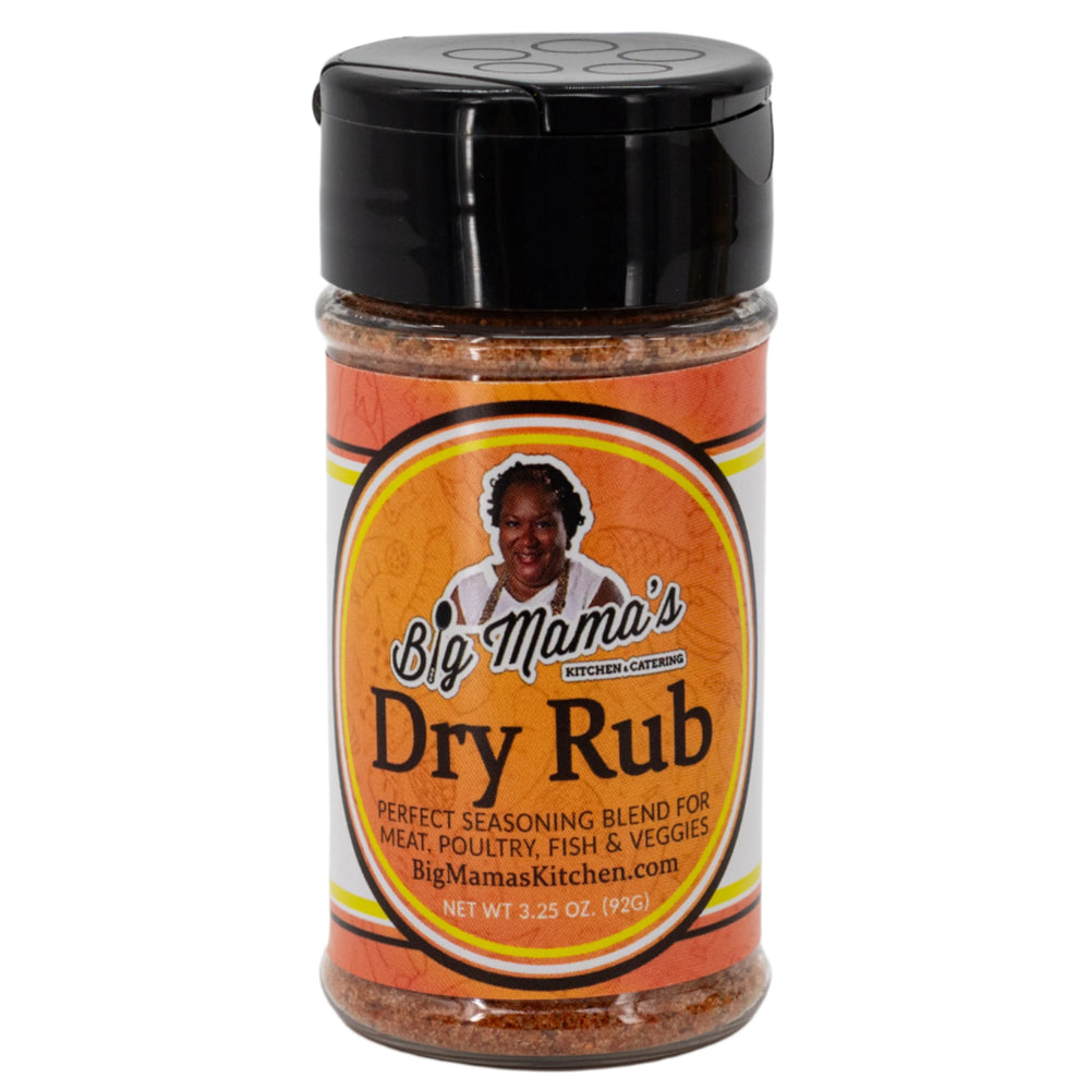 Jar of Big Mama's Dry Rub seasoning on a white background