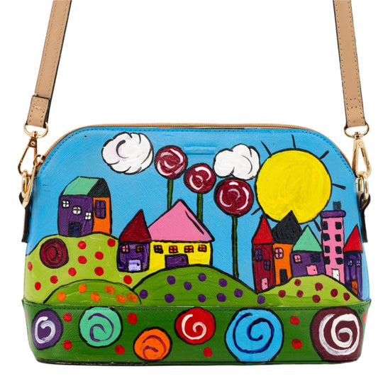 Hand-Painted Village Repurposed Purse | 10" x 3" x 7" | The Painted Attic