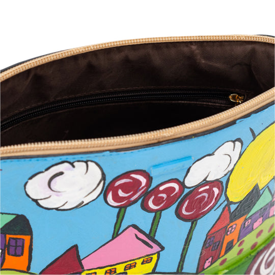 Hand-Painted Village Repurposed Purse | 10" x 3" x 7" | The Painted Attic