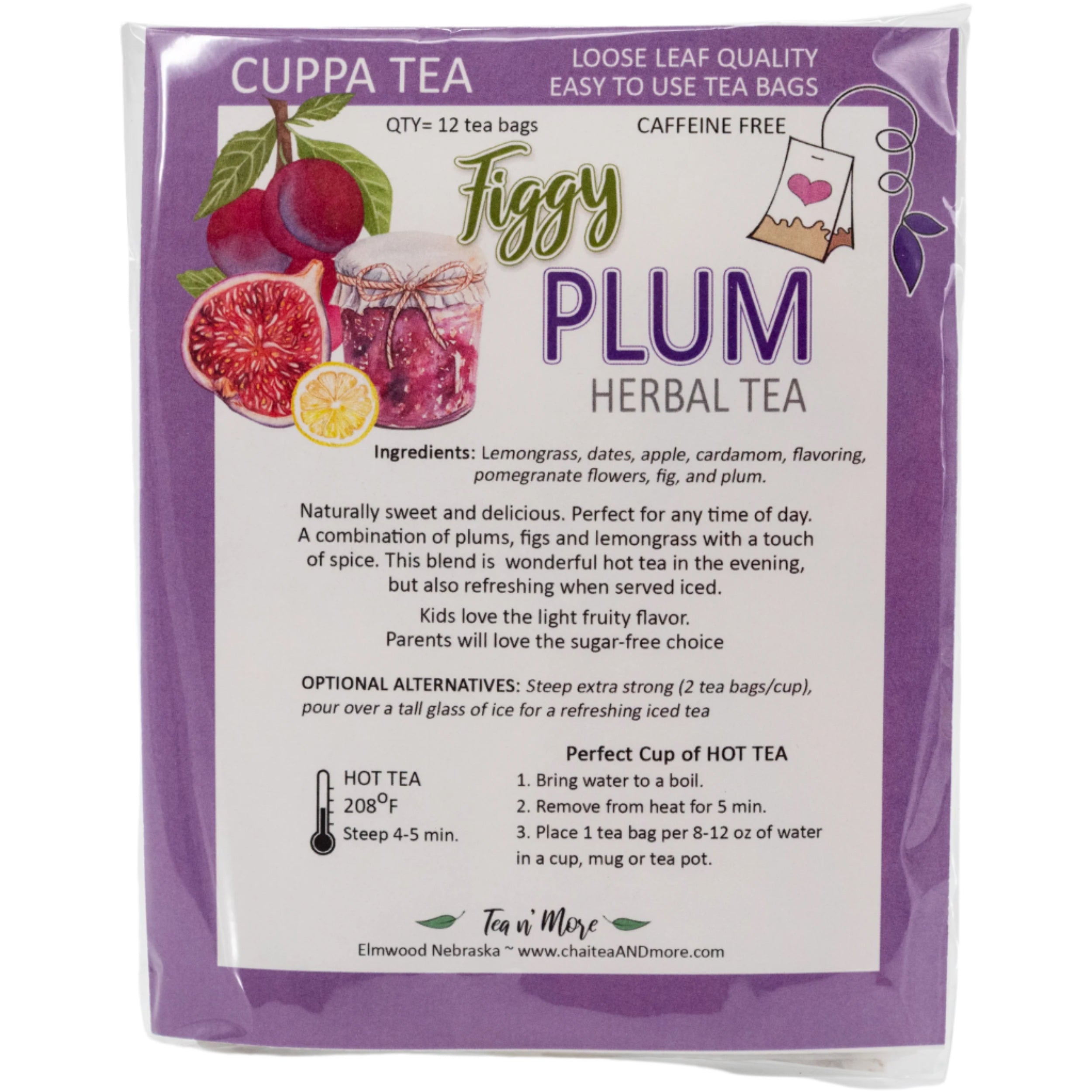 Packaging of Figgy Plum Herbal Tea with ingredients and brewing instructions on a white background