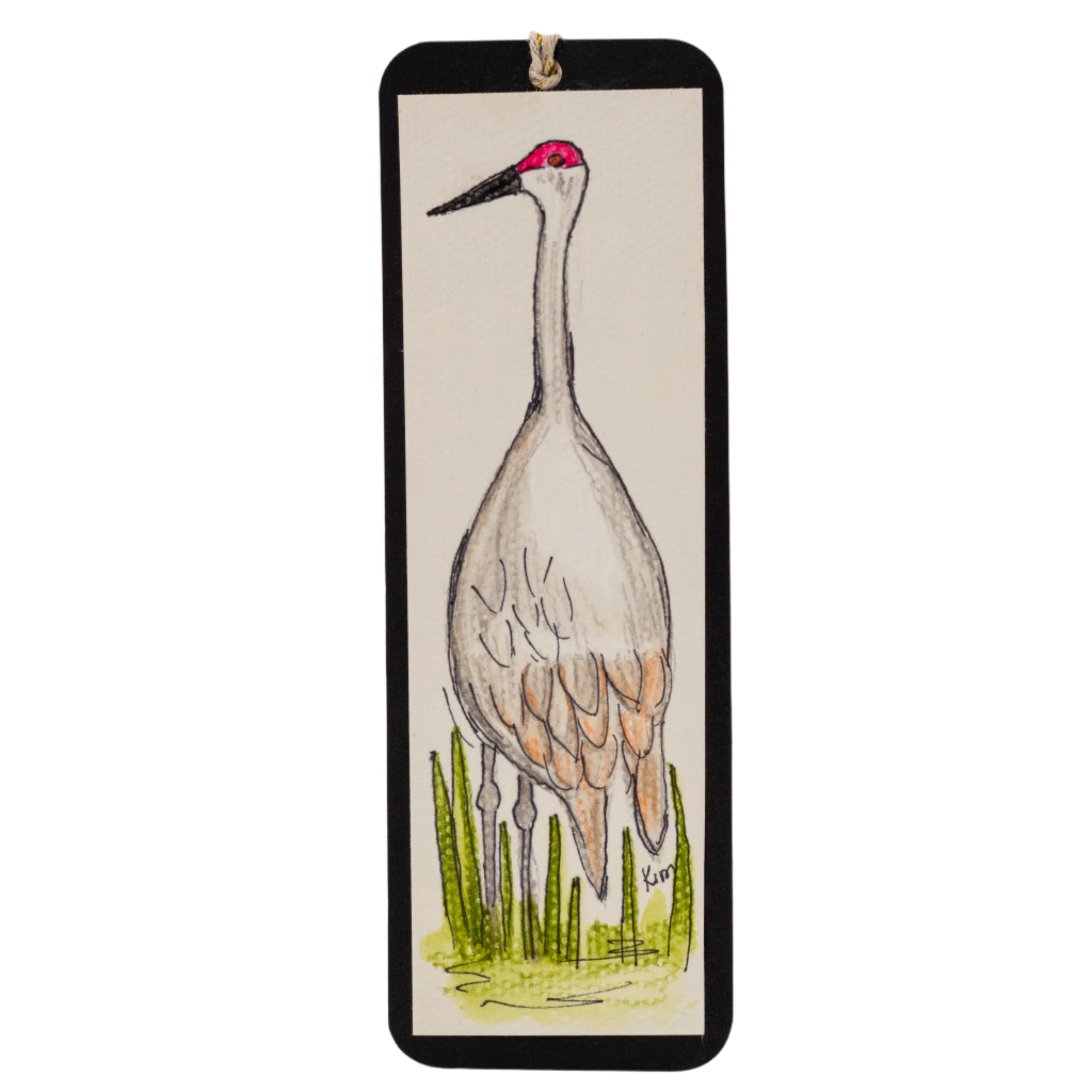 Bookmark with a crane illustration on a beige background