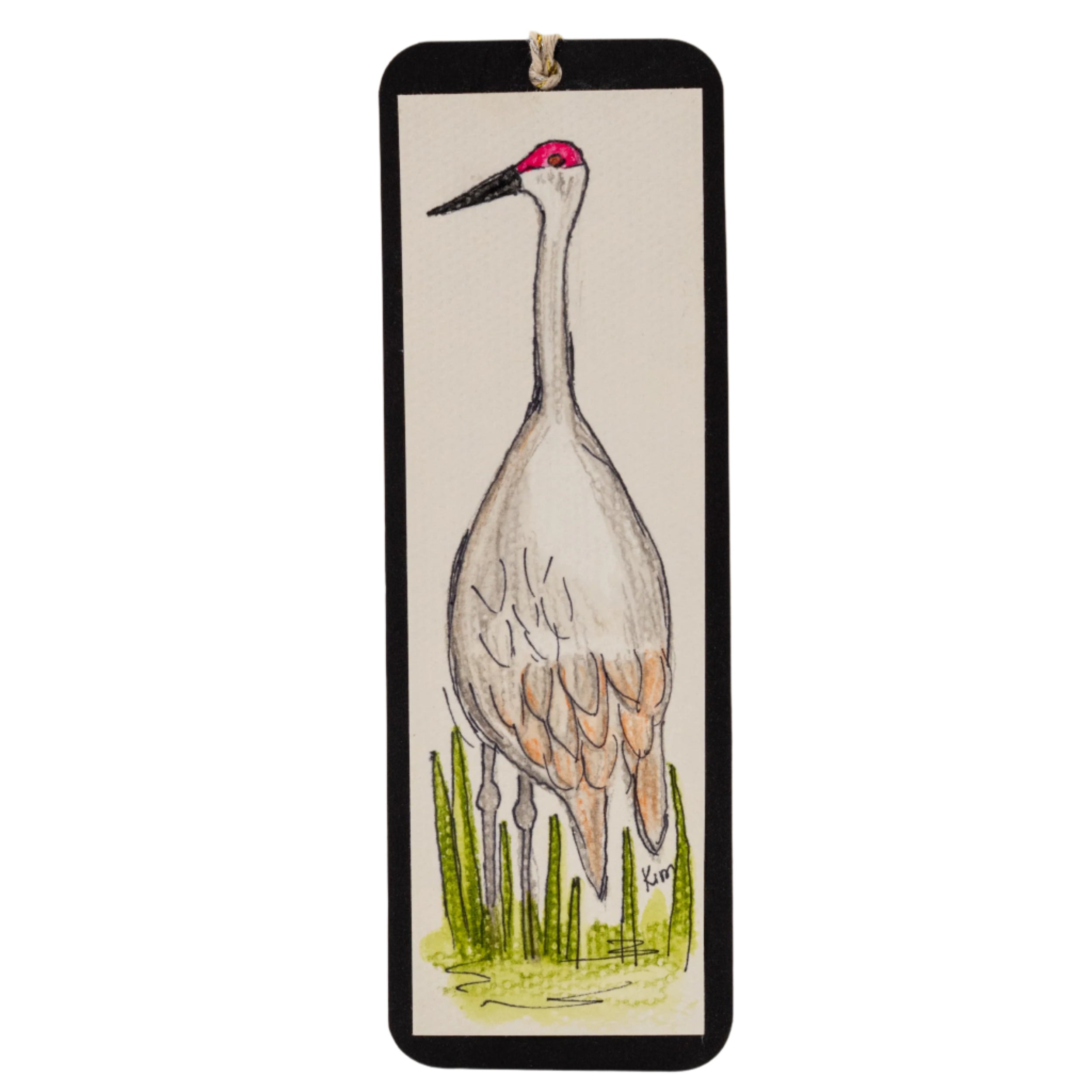 Bookmark with a crane illustration on a beige background