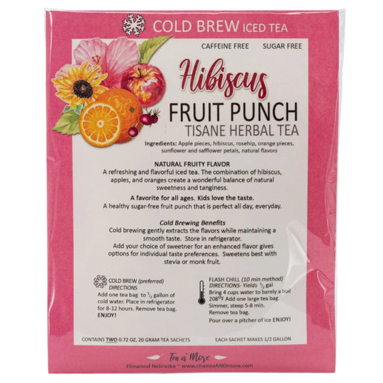 Tea package for Hibiscus Fruit Punch Tisane Herbal Tea with ingredients and brewing instructions.