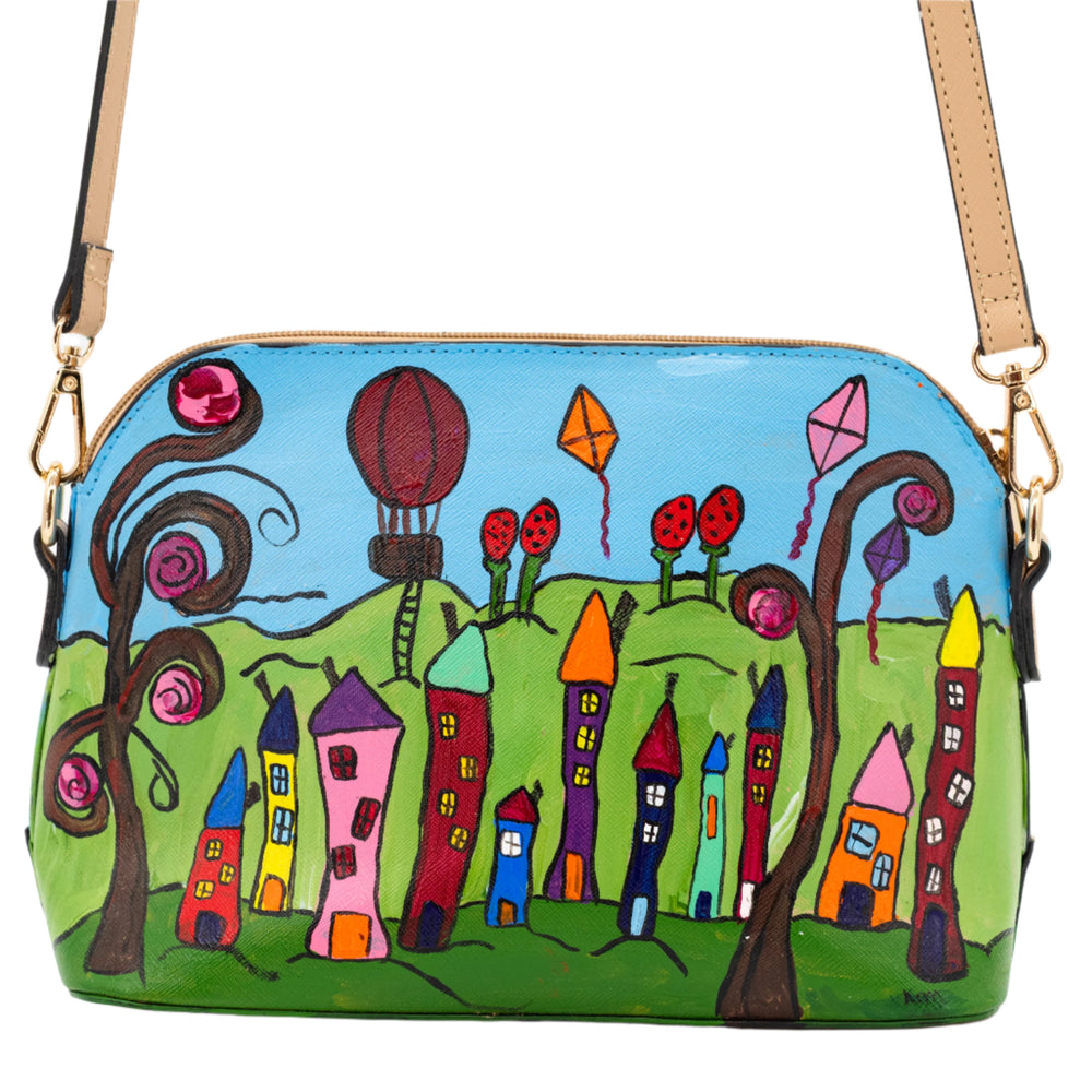 Hand-Painted Village Repurposed Purse | 10" x 3" x 7" | The Painted Attic