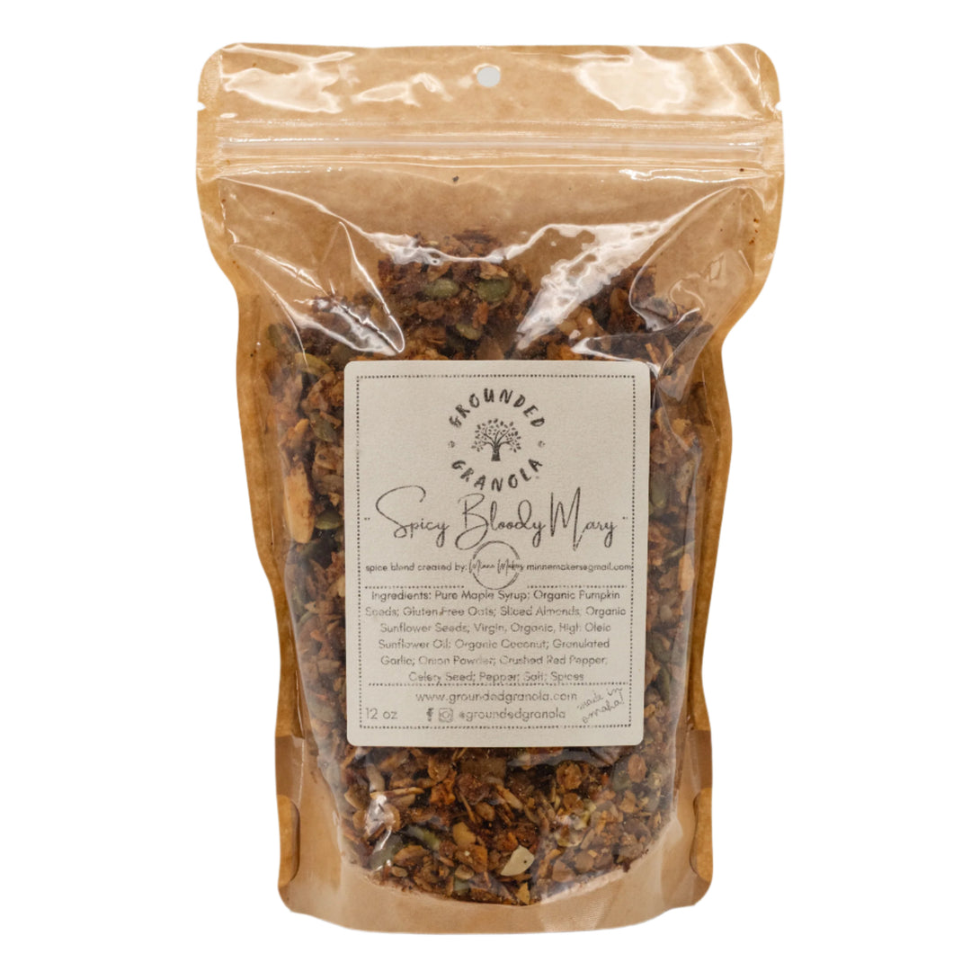 Granola in a clear plastic bag with a label on a white background