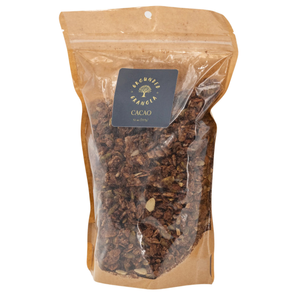 Bag of cacao granola with a brand label on a white background