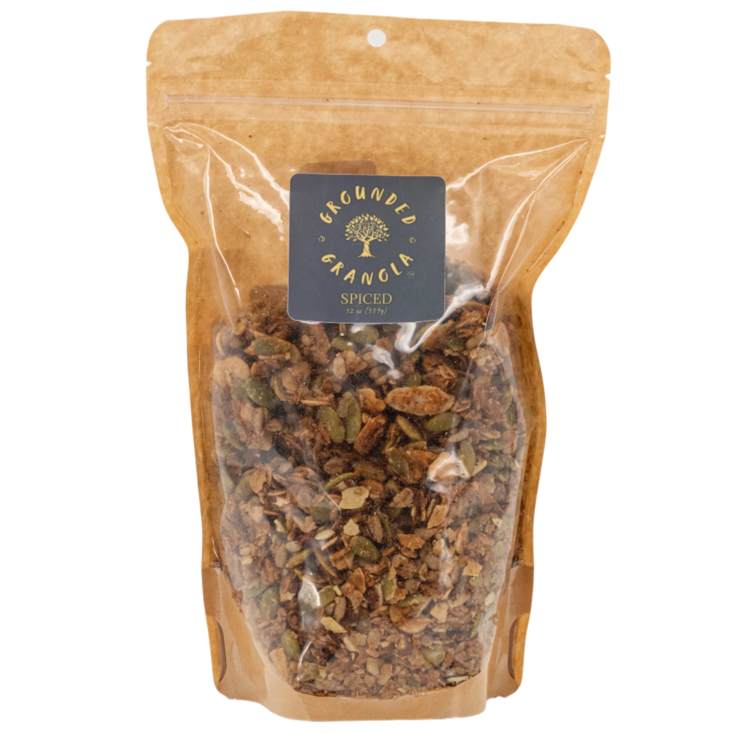 Spiced granola in a clear plastic bag with a branded label on a white background