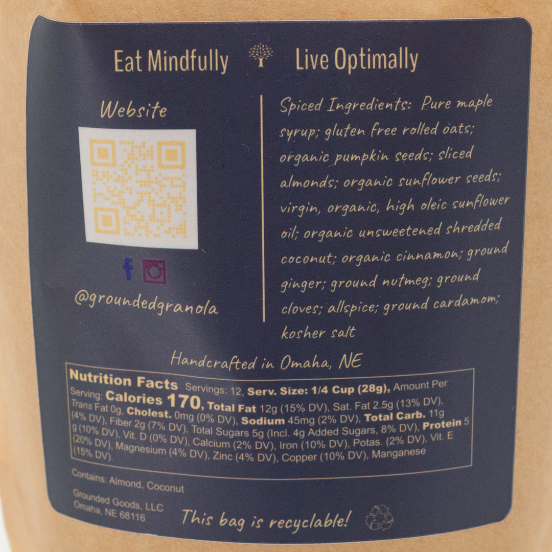 Back of a granola bag with branding, QR code, and nutritional information.