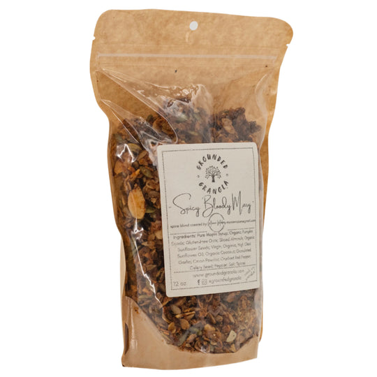 Bag of granola with a label on a white background