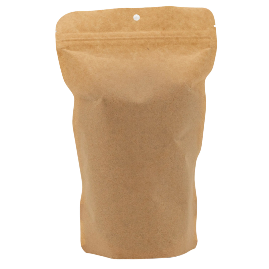Brown paper bag with a stand-up feature on a gray background